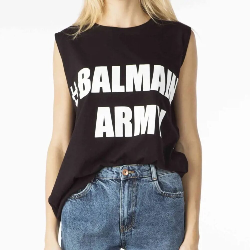 Balmain Black Cotton "#Balmain Army" Graphic Muscle Tank